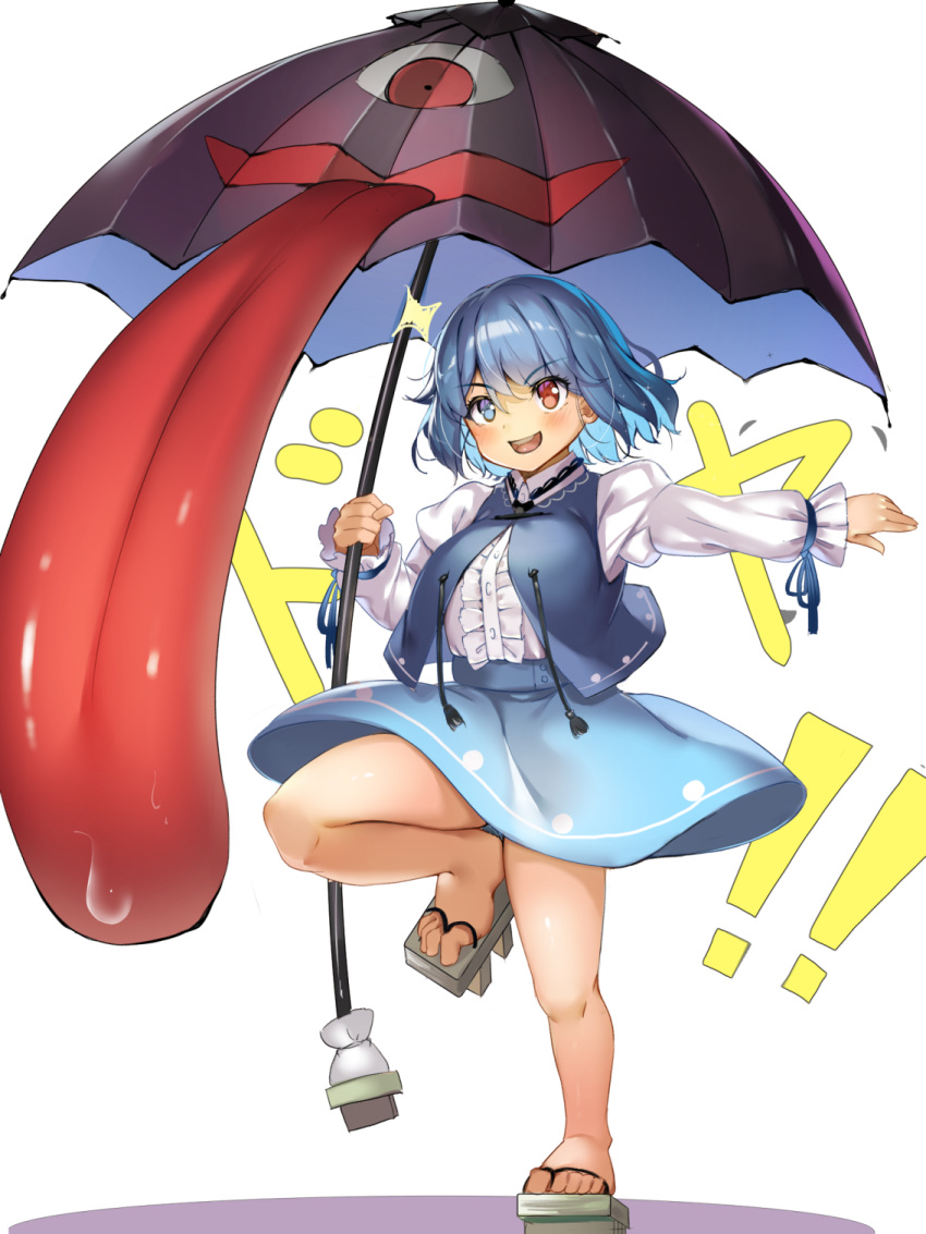 1girl arms_up blue_eyes blue_hair blue_skirt blue_vest commentary_request frilled_shirt frills geta heterochromia highres juliet_sleeves karakasa_obake leg_lift long_sleeves long_tongue open_clothes open_mouth open_vest outstretched_hand piyodesu puffy_sleeves red_eyes shadow shirt short_hair simple_background skirt solo sparkle standing standing_on_one_leg tatara_kogasa toe_scrunch tongue touhou touhou_gouyoku_ibun umbrella upper_teeth vest white_background white_shirt