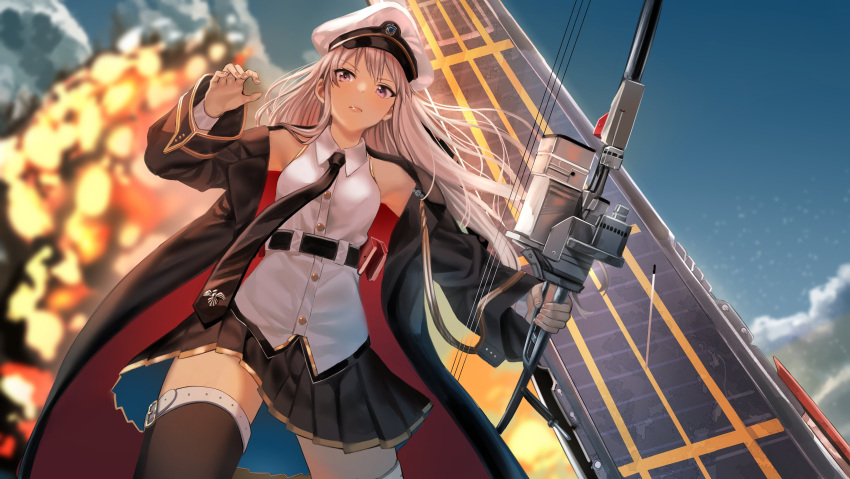 1girl absurdres azur_lane bangs banmkuchen bare_shoulders belt black_neckwear black_skirt bow_(weapon) breasts coat compound_bow enterprise_(azur_lane) explosion expressionless flight_deck hat highres holding holding_bow_(weapon) holding_weapon large_breasts long_hair looking_at_viewer necktie outdoors peaked_cap pleated_skirt rigging shirt silver_hair skirt sleeveless sleeveless_shirt smile solo thigh-highs violet_eyes weapon white_shirt