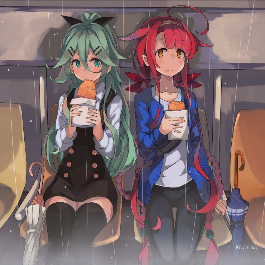 2girls ahoge alternate_costume bangs black_legwear blush braid dress eating eyebrows_visible_through_hair food food_on_face green_eyes green_hair hair_between_eyes hair_flaps hair_ornament hair_ribbon hairband hairclip highres holding jacket kantai_collection kawakaze_(kantai_collection) long_hair long_sleeves multiple_girls outdoors pants pointy_ears rain redhead remodel_(kantai_collection) ribbon shirt sidelocks sitting sleeveless sleeveless_dress sugue_tettou thigh-highs twin_braids twitter_username umbrella very_long_hair yamakaze_(kantai_collection) yellow_eyes