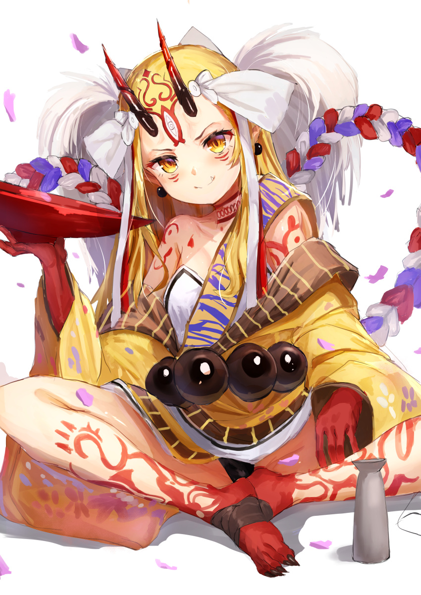 1girl absurdres black_panties blonde_hair closed_mouth cup fate/grand_order fate_(series) full_body hair_ribbon highres holding ibaraki_douji_(fate/grand_order) indian_style japanese_clothes kimono long_hair looking_at_viewer manichi oni_horns panties red_skin ribbon rope sakazuki simple_background sitting smile solo underwear white_background white_ribbon yellow_eyes yellow_kimono