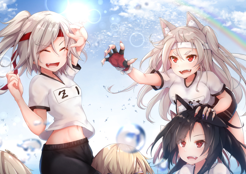 4girls alternate_costume animal_ears azur_lane baileys_(tranquillity650) black_hair black_shorts breasts character_request claw_pose clouds cloudy_sky commentary_request eyebrows_visible_through_hair fangs fingerless_gloves gloves hair_between_eyes hand_on_another's_head headband highres large_breasts light_rays long_hair multiple_girls nail_polish navel open_mouth outstretched_arm rainbow red_eyes shigure_(azur_lane) shirt short_eyebrows short_sleeves shorts silver_hair sitting sitting_on_person sky sportswear sun sunbeam sunlight thick_eyebrows v-shaped_eyebrows water_drop white_shirt wolf_ears wolf_girl yuudachi_(azur_lane) z1_leberecht_maass_(azur_lane)