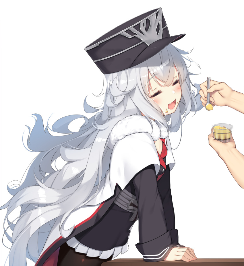 1girl :d azur_lane bangs black_headwear black_jacket blush cape closed_eyes commentary_request eyebrows_visible_through_hair fang feeding food food_on_face from_side fur-trimmed_cape fur_trim graf_zeppelin_(azur_lane) hair_between_eyes hat highres holding holding_spoon jacket long_hair long_sleeves messy_hair military_hat multicolored multicolored_cape multicolored_clothes olive_(laai) open_mouth out_of_frame peaked_cap pleated_skirt pudding red_cape silver_hair simple_background skirt smile solo_focus spoon very_long_hair white_background white_cape white_skirt zeppelin-chan_(azur_lane)