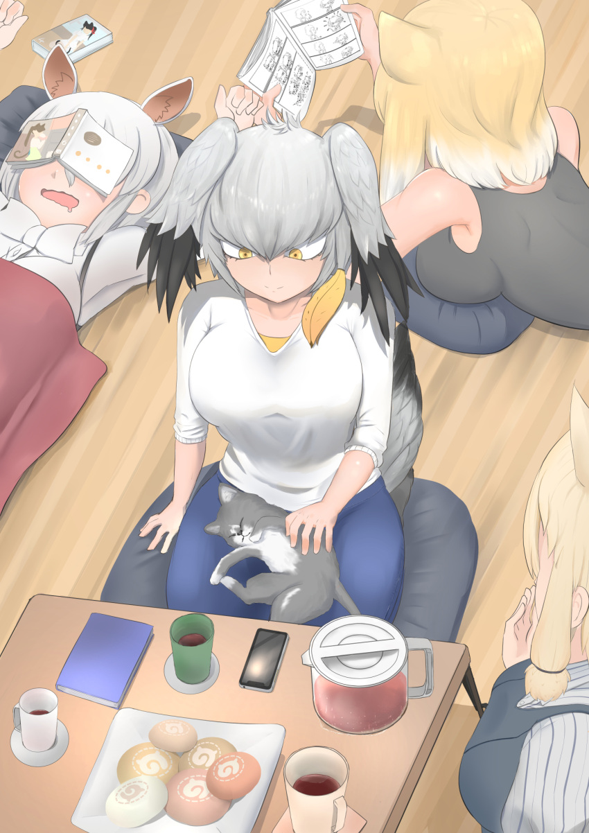 4girls alpaca_ears alpaca_suri_(kemono_friends) alternate_costume animal animal_ears animal_on_lap bangs bare_shoulders bird_tail black_hair blonde_hair book bow bowtie cat cellphone closed_mouth contemporary covered_eyes cup extra_ears food fox_ears grey_hair hair_between_eyes highres holding holding_book indoors japari_bun john_(a2556349) kemono_friends looking_at_another low_ponytail lying manga_(object) medium_hair multicolored_hair multiple_girls object_on_head on_back on_floor open_book orange_eyes orange_hair pants phone pillow reading saucer shirt shoebill_(kemono_friends) side_ponytail sidelocks sitting sleeping sleeveless sleeveless_shirt smartphone smile solo_focus sweatdrop table tail tibetan_sand_fox_(kemono_friends) two-tone_hair white_hair wooden_floor