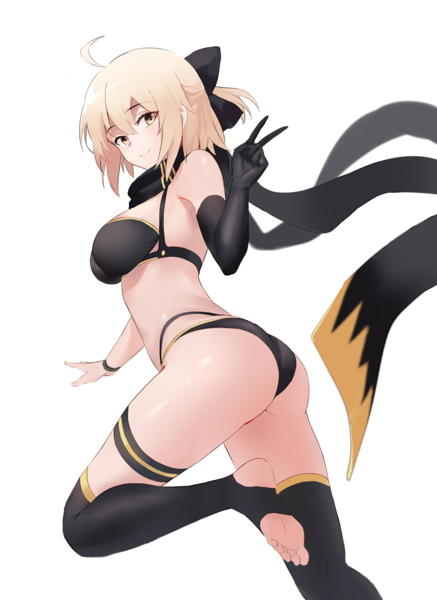 1girl absurdres ahoge ass bare_shoulders bikini black_bikini black_bow black_gloves black_legwear black_scarf blonde_hair bow breasts elbow_gloves fate/grand_order fate_(series) feet gloves hair_bow hand_up highres leg_up looking_at_viewer medium_breasts multi-strapped_bikini okita_souji_(fate)_(all) okita_souji_(swimsuit_assassin)_(fate) qian_yuan scarf short_hair sidelocks simple_background single_elbow_glove single_glove solo swimsuit thigh-highs thigh_strap v white_background wristband yellow_eyes