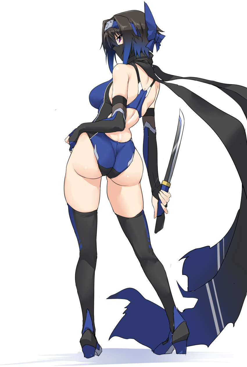 1girl absurdres ass bangs bare_shoulders black_hair black_legwear black_scarf blue_swimsuit breasts bridal_gauntlets commentary_request competition_swimsuit face_mask from_behind full_body harukon_(halcon) high_heels highres holding holding_weapon large_breasts looking_at_viewer mask ninja one-piece_swimsuit original scarf short_hair sidelocks simple_background solo standing swimsuit violet_eyes weapon white_background