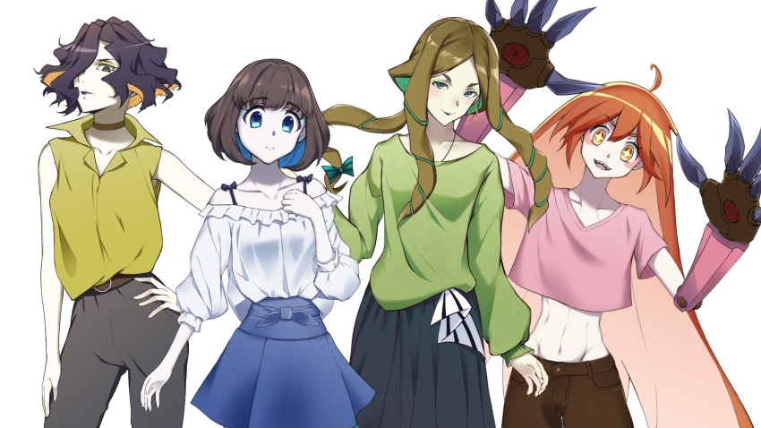 4girls ahoge alternate_costume ankh_(ankh_05) black_hair blue_eyes brown_hair casual claws drill_hair garie_tuman green_eyes hand_on_hip highres humanization leiur_darahim long_hair low-tied_long_hair micha_jawkan midriff multicolored_hair multiple_girls orange_eyes orange_hair phara_suyuf senki_zesshou_symphogear shirt skirt sleeveless sleeveless_shirt sparkling_eyes two-tone_hair white_skin yellow_eyes