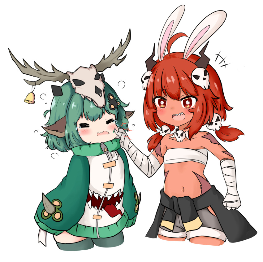 +++ 2girls :d =_= ahoge animal_ears antlers bailingxiao_jiu bandaged_arm bandaged_hands bandages bell blush breasts budget_sarashi cheek_pinching closed_eyes clothes_around_waist cowboy_shot cropped_legs crying dark_skin facial_mark green_hair green_legwear grey_shorts hair_ornament highres horns jacket long_hair long_sleeves low_twintails multiple_girls navel open_mouth original pinching puffy_long_sleeves puffy_sleeves rabbit_ears red_eyes redhead sarashi sharp_teeth short_shorts shorts skull_hair_ornament skull_hat sleeves_past_fingers sleeves_past_wrists small_breasts smile teeth thigh-highs twintails wavy_mouth white_jacket