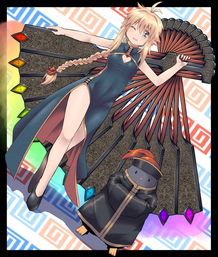 antenna_hair bird blonde_hair breasts china_dress chinese_clothes cleavage_cutout dress fan highres hijikata-san_(m.m) koshirae_tsurugi legs long_hair m.m multicolored multicolored_eyes original penguin ponytail sidelocks small_breasts