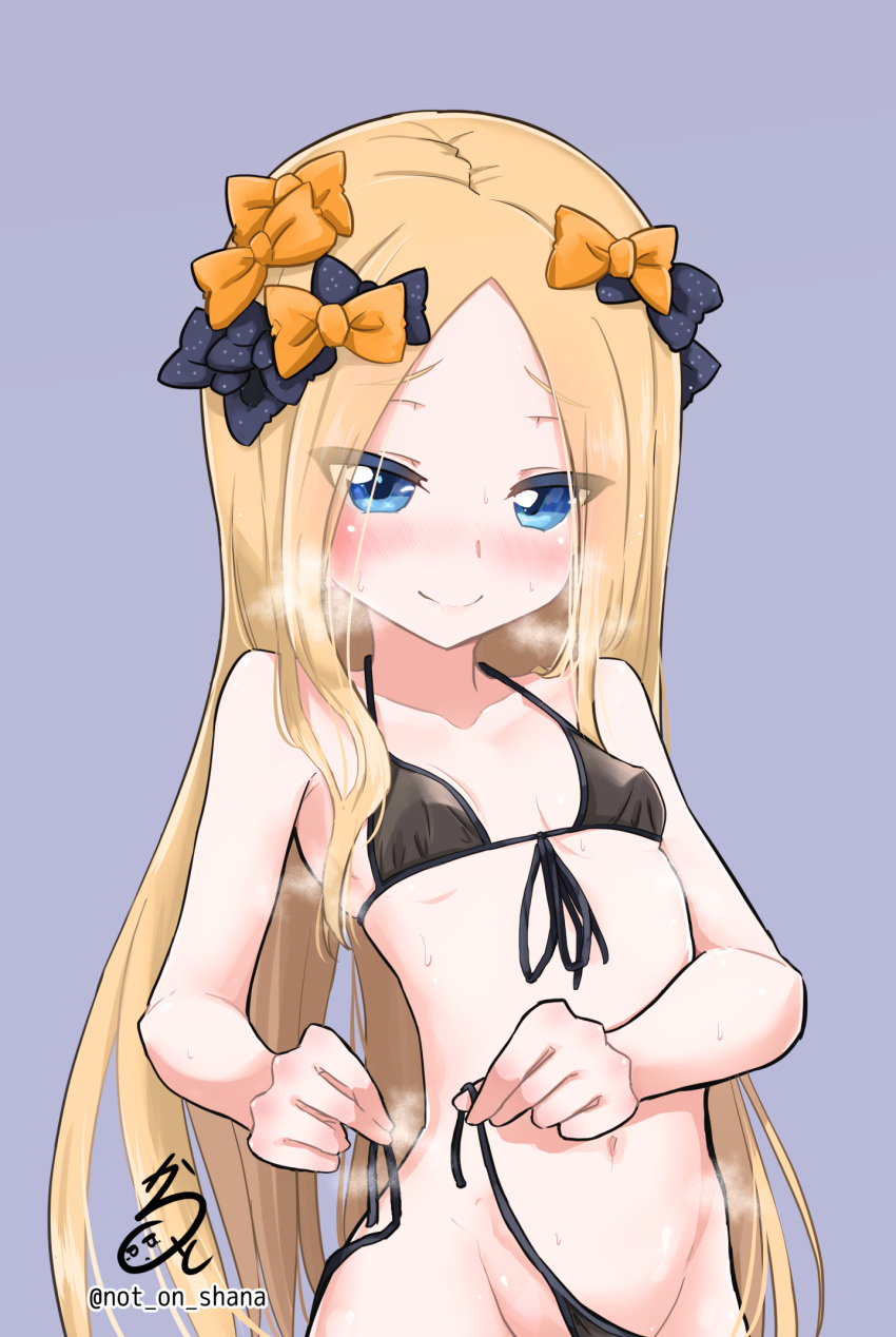 1girl abigail_williams_(fate/grand_order) bangs bare_shoulders bikini black_bikini black_bow blue_eyes blush bow breasts closed_mouth collarbone fate/grand_order fate_(series) forehead heavy_breathing highres long_hair looking_at_viewer micro_bikini navel not_on_shana orange_bow parted_bangs polka_dot polka_dot_bow side-tie_bikini signature simple_background smile sweat swimsuit twitter_username untied untied_bikini