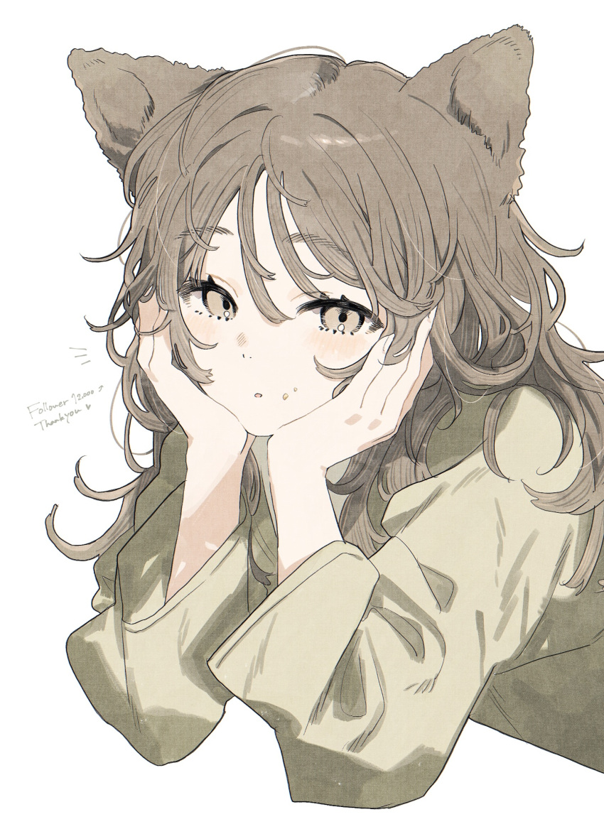 1girl :o animal_ears arm_support blush cat_ears cat_girl cropped_torso crumbs grey_eyes grey_hair grey_shirt hair_between_eyes hands_on_own_cheeks hands_on_own_face head_rest heart highres long_hair long_sleeves looking_at_viewer open_mouth original shirt sidelocks simple_background solo takaya_riku thank_you wavy_hair white_background