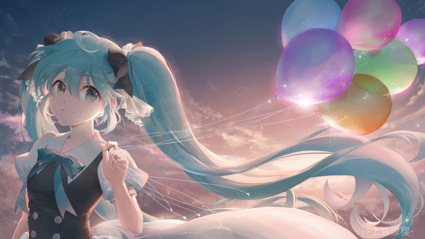 1girl alternate_costume aqua_eyes aqua_hair aqua_neckwear artist_name backlighting balloon bangs black_ribbon closed_mouth clouds cloudy_sky double-breasted english_commentary evening frilled_ribbon frills hair_ribbon hatsune_miku highres holding_balloon looking_at_viewer neck_ribbon outdoors puffy_short_sleeves puffy_sleeves ribbon shangguan_feiying short_sleeves sidelocks sky smile solo twintails upper_body vocaloid