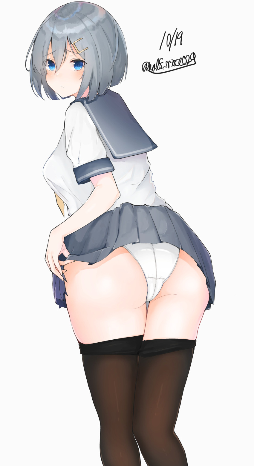 1girl absurdres black_legwear blue_eyes commentary_request dated from_behind grey_sailor_collar grey_skirt hair_ornament hair_over_one_eye hairclip hamakaze_(kantai_collection) highres kantai_collection looking_at_viewer looking_back panties pantyhose pantyhose_pull pleated_skirt sailor_collar school_uniform serafuku shiina_aoi short_hair silver_hair simple_background skirt solo standing twitter_username underwear white_background white_panties