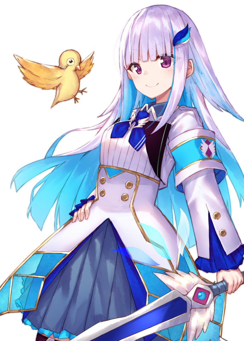 1girl absurdres animal bangs bird blue_hair blue_neckwear blue_skirt blush breasts closed_mouth commentary_request eyebrows_visible_through_hair frilled_skirt frills hair_ornament highres holding holding_sword holding_weapon jacket lize_helesta long_hair long_sleeves looking_at_viewer monocle multicolored_hair nijisanji pleated_skirt sebastian_piyodore silver_hair simple_background skirt small_breasts smile sword two-tone_hair very_long_hair violet_eyes virtual_youtuber weapon white_background white_jacket wide_sleeves yuuki_nao_(pixiv10696483)
