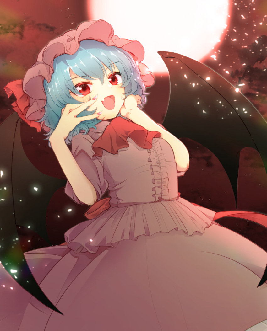 1girl aoi_(annbi) ascot bat_wings commentary_request fang hands_on_own_face hat hat_ribbon highres lavender_hair mob_cap moon open_mouth partial_commentary red_eyes red_moon red_nails red_neckwear remilia_scarlet ribbon skin_fang skirt skirt_set solo touhou wings