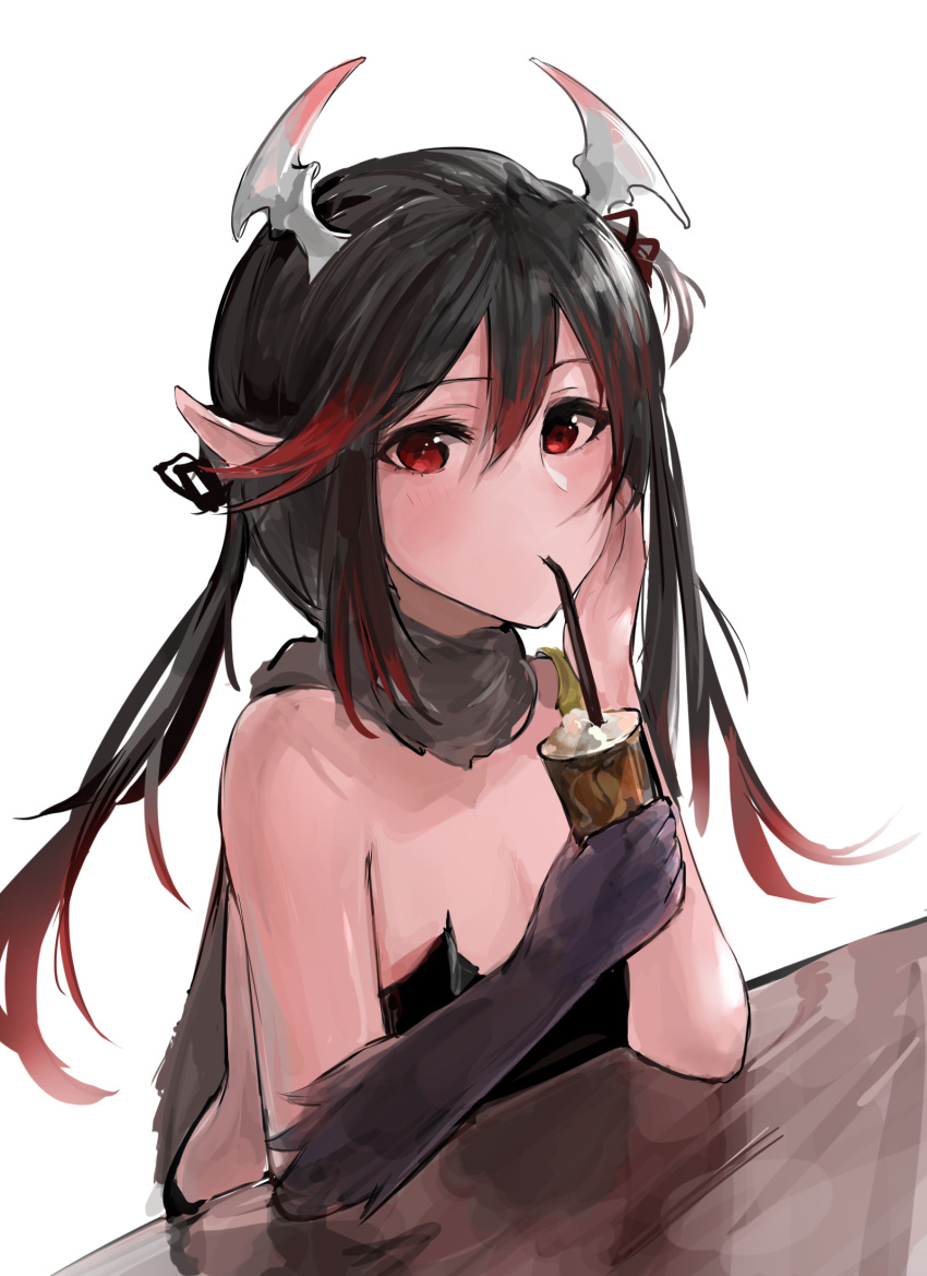 1girl bangs bare_arms bare_shoulders bendy_straw black_gloves black_hair black_ribbon commentary_request cup dokomon drinking drinking_straw elbow_gloves eyebrows_visible_through_hair gloves gradient_hair hair_between_eyes hair_ribbon hand_up highres holding holding_cup korean_commentary long_hair multicolored_hair original pointy_ears red_eyes red_ribbon redhead reflection ribbon sidelocks single_glove solo twintails upper_body white_background