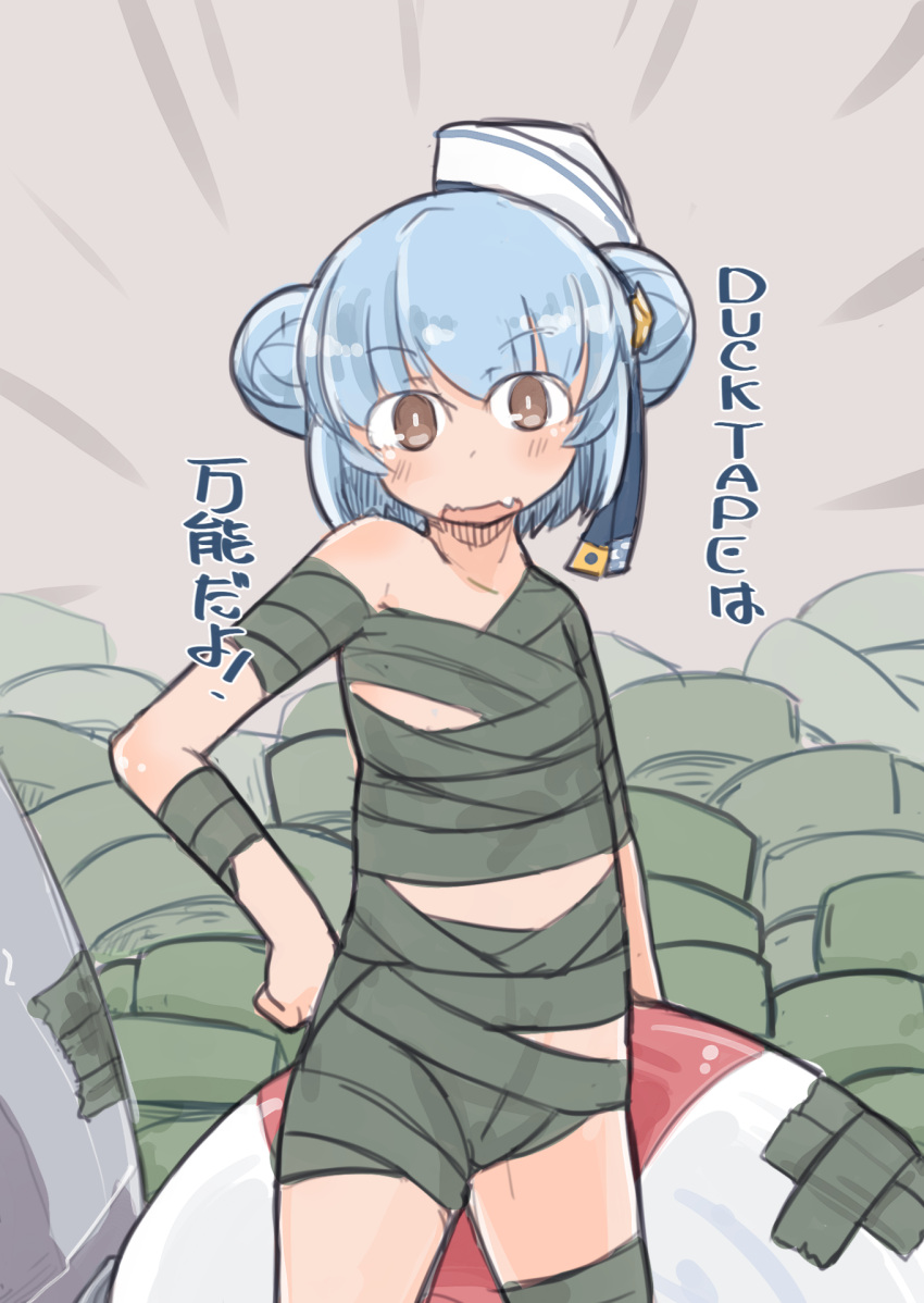 1girl blue_hair blush brown_eyes commentary_request dixie_cup_hat double_bun duct_tape enjaku_izuku eyebrows_visible_through_hair fang hand_on_hip hat highres hot_limit kantai_collection lifebuoy looking_at_viewer military_hat samuel_b._roberts_(kantai_collection) short_hair t.m.revolution translated wavy_mouth