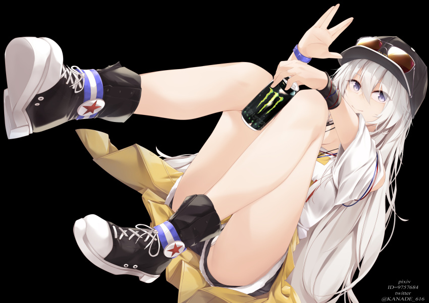 1girl absurdres azur_lane bangs bare_shoulders baseball_cap black_background black_footwear black_headwear black_shorts boots brown-tinted_eyewear brown_jacket can closed_mouth clothes_around_waist dutch_angle energy_drink enterprise_(anniversary_ride)_(azur_lane) enterprise_(azur_lane) eyebrows_visible_through_hair eyewear_on_headwear hair_between_eyes hand_up hat highres holding holding_can jacket jacket_around_waist kana616 knees_up long_hair looking_at_viewer monster_energy pixiv_id shirt shoe_soles short_shorts short_sleeves shorts simple_background sitting smile solo star sunglasses twitter_username very_long_hair violet_eyes white_hair white_shirt