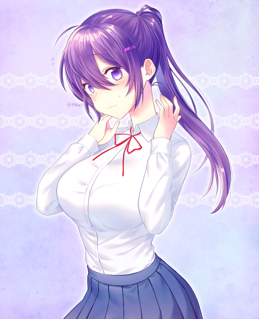 1girl alternate_hairstyle bangs blue_skirt blush breasts commentary_request doki_doki_literature_club dress_shirt eyebrows_visible_through_hair hair_between_eyes hair_ornament hairclip hands_up highres large_breasts long_hair long_sleeves nan_(gokurou) no_jacket pleated_skirt ponytail purple_hair school_uniform shirt skirt solo twitter_username violet_eyes white_shirt wing_collar yuri_(doki_doki_literature_club)