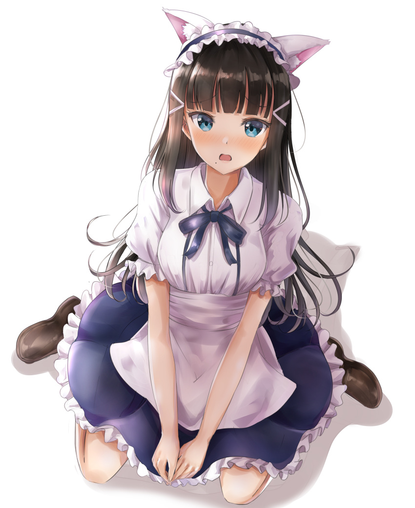 1girl absurdres animal_ear_fluff animal_ears apron bangs blue_bow blue_eyes blue_hairband blue_skirt blunt_bangs blush bow breasts brown_footwear brown_hair cat_ears collared_shirt commentary_request dress_shirt eyebrows_visible_through_hair frilled_hairband frilled_skirt frills hair_ornament hairband hairclip highres kurosawa_dia long_hair looking_at_viewer love_live! love_live!_sunshine!! medium_breasts nose_blush open_mouth puffy_short_sleeves puffy_sleeves shirt shoes short_sleeves sidelocks sin_(sin52y) sitting skirt solo very_long_hair waist_apron wariza white_apron white_background white_shirt