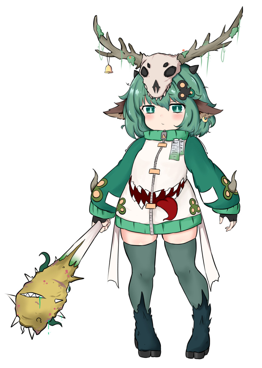 1girl animal_ears antlers bailingxiao_jiu bangs bell black_gloves blush closed_mouth ear_piercing eyebrows_visible_through_hair fingerless_gloves full_body glint gloves green_eyes green_hair green_legwear hair_between_eyes hair_ornament highres holding hooves horns jacket long_sleeves monster_girl original piercing puffy_long_sleeves puffy_sleeves simple_background skull_hat sleeves_past_wrists solo standing thigh-highs white_background white_jacket