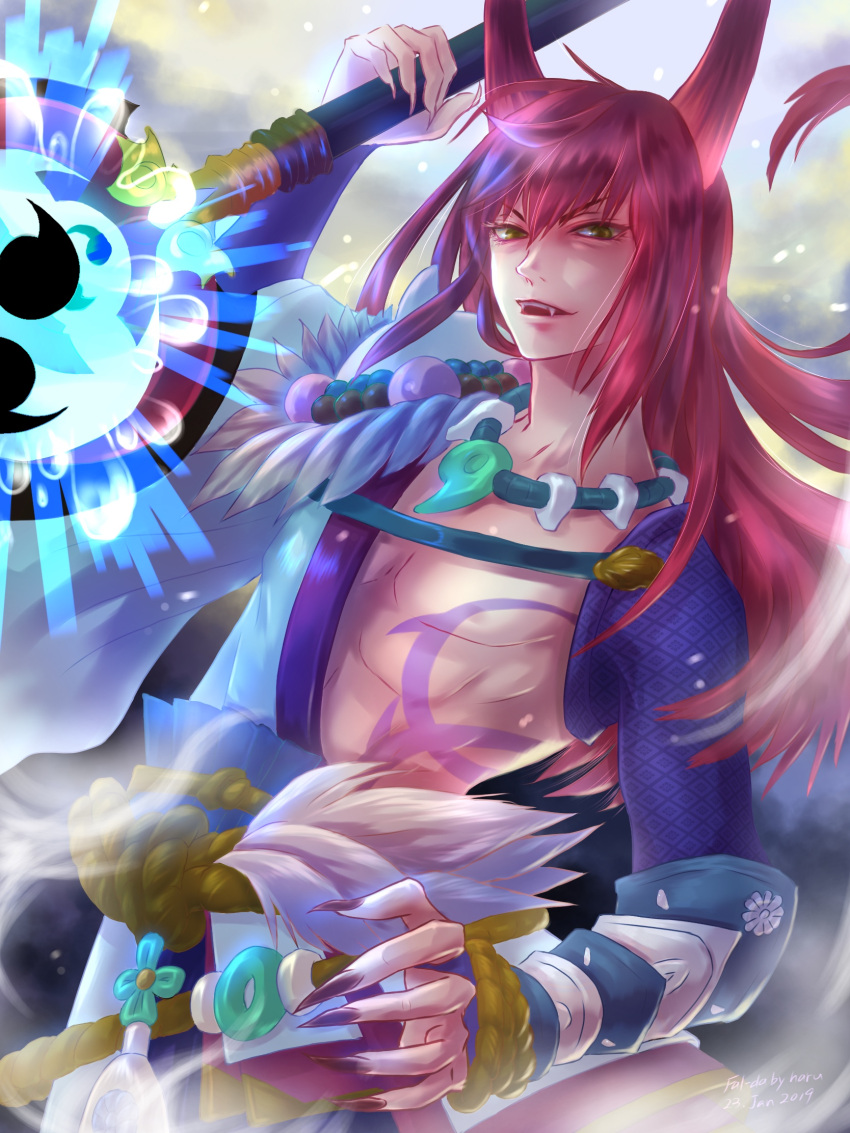 1boy abs black_nails claws fangs highres holding holding_weapon horns japanese_clothes jewelry long_hair long_sleeves looking_at_viewer male_focus midriff muscle nail_polish necklace onmyoji open_mouth redhead solo user_exvv8824 weapon yasha_(onmyoji) yellow_eyes