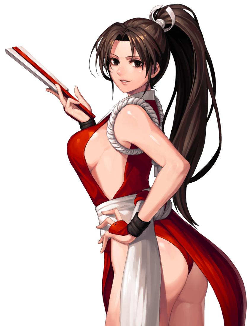 1girl arm_guards ass breasts brown_eyes brown_hair closed_fan commentary_request evilgun fan fatal_fury folding_fan from_side grin hair_tie hand_on_hip high_ponytail highres japanese_clothes large_breasts leotard long_hair looking_at_viewer ninja pelvic_curtain ponytail revealing_clothes rope shiranui_mai sideboob smile snk the_king_of_fighters thighs