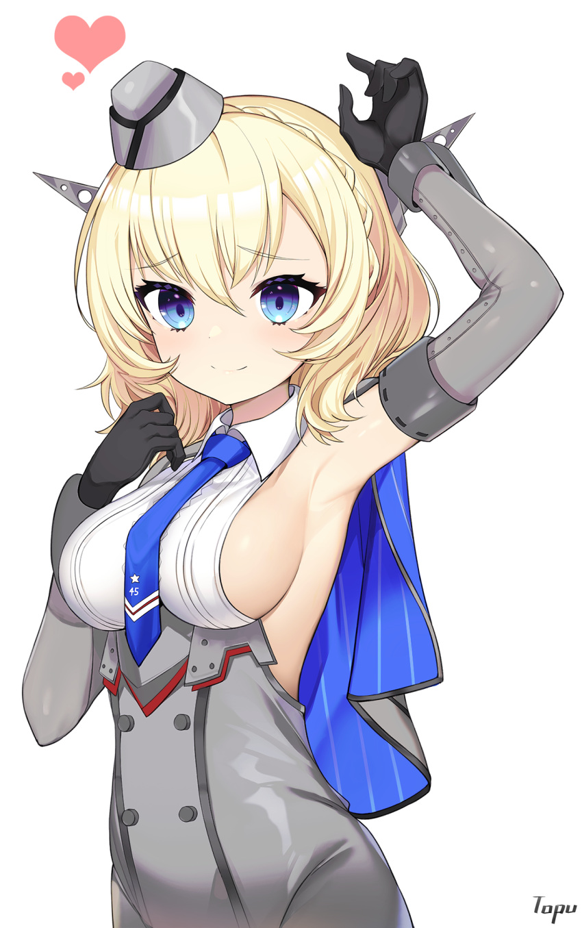 1girl arm_up armpits artist_name bare_shoulders black_gloves blonde_hair blue_eyes blue_neckwear braid breasts capelet collared_shirt colorado_(kantai_collection) gloves groin hand_up hat headgear heart highres kantai_collection large_breasts looking_at_viewer mini_hat necktie shirt short_hair short_necktie sideboob simple_background sleeveless sleeveless_shirt smile solo tttanggvl upper_body white_background white_shirt