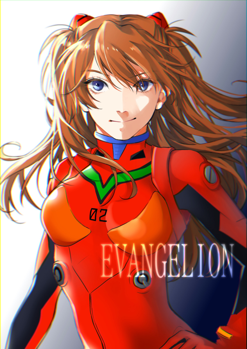 1girl absurdres blue_eyes brown_hair copyright_name cowboy_shot gradient gradient_background hair_between_eyes hand_on_hip highres long_hair neon_genesis_evangelion plugsuit sakana_akami smile solo souryuu_asuka_langley