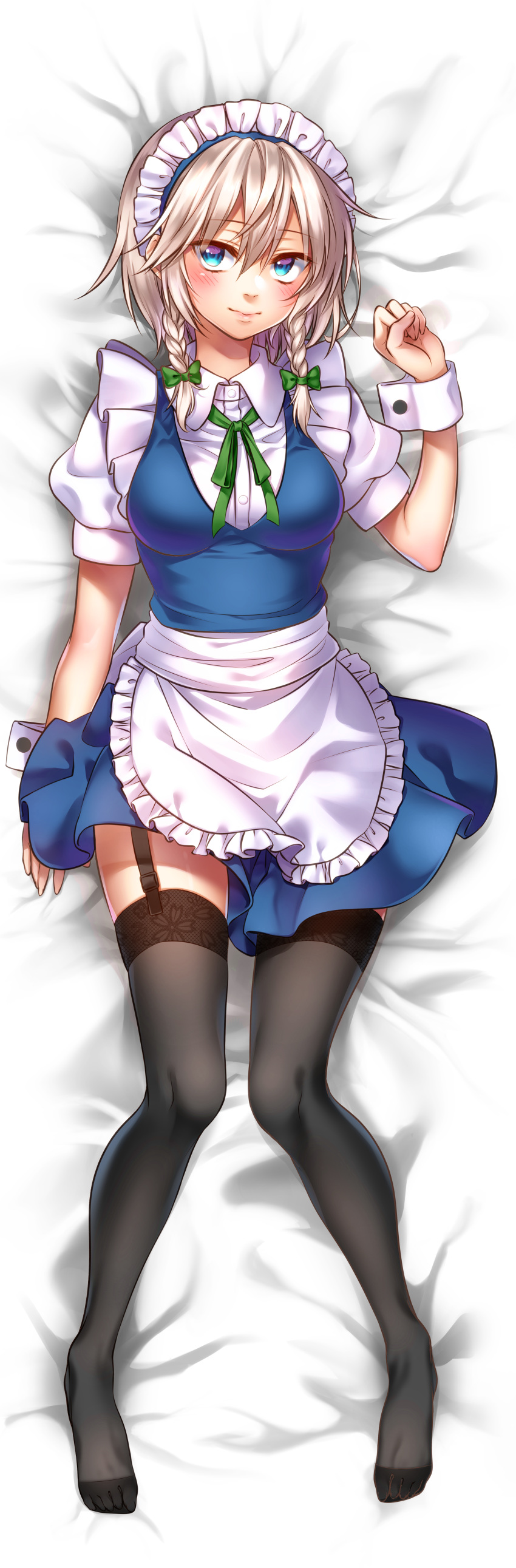 1girl absurdres apron bangs bed_sheet black_legwear blue_dress blue_eyes blush bow braid breasts clenched_hand commentary_request dakimakura dress eyebrows_visible_through_hair frilled_apron frills full_body garter_straps green_bow green_neckwear green_ribbon hair_between_eyes hair_bow hand_up highres izayoi_sakuya looking_at_viewer lying maid maid_apron maid_headdress medium_breasts neck_ribbon no_shoes nora_wanko on_back puffy_short_sleeves puffy_sleeves ribbon shirt short_dress short_hair short_sleeves silver_hair smile solo thigh-highs thighs touhou twin_braids waist_apron white_apron white_shirt wrist_cuffs