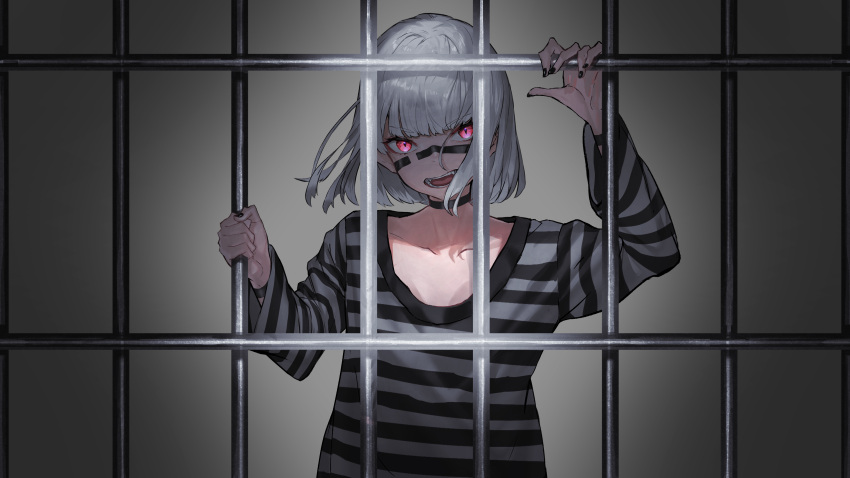 1girl absurdres arm_up bangs black_choker black_nails character_request choker collarbone commentary_request eyebrows_visible_through_hair facial_mark fingernails glowing glowing_eyes highres kuronoiparoma long_sleeves looking_at_viewer nail_polish open_mouth original prison_cell prison_clothes prisoner red_eyes shirt silver_hair solo striped striped_shirt v-shaped_eyebrows vocaloid