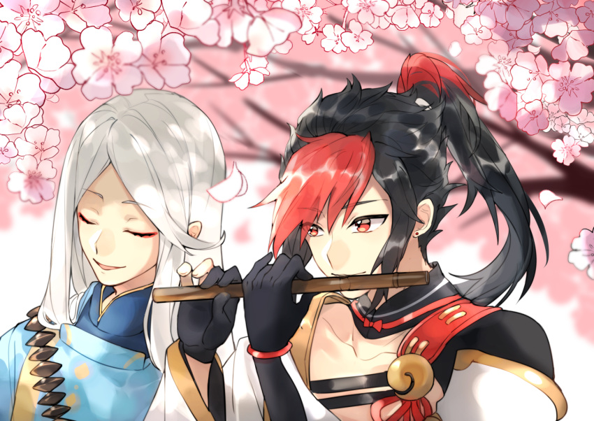 2boys abe_no_seimei_(onmyoji) asymmetrical_bangs asymmetrical_gloves bangs black_gloves black_hair cherry_blossoms closed_eyes closed_mouth collar collarbone flower flute gloves high_ponytail highres holding_flute instrument japanese_clothes long_hair looking_at_another male_focus minamoto_no_hiromasa multicolored_hair multiple_boys onmyoji open_mouth pink_flower red_eyes redhead tiyi_(tiyi_a09) two-tone_hair white_hair