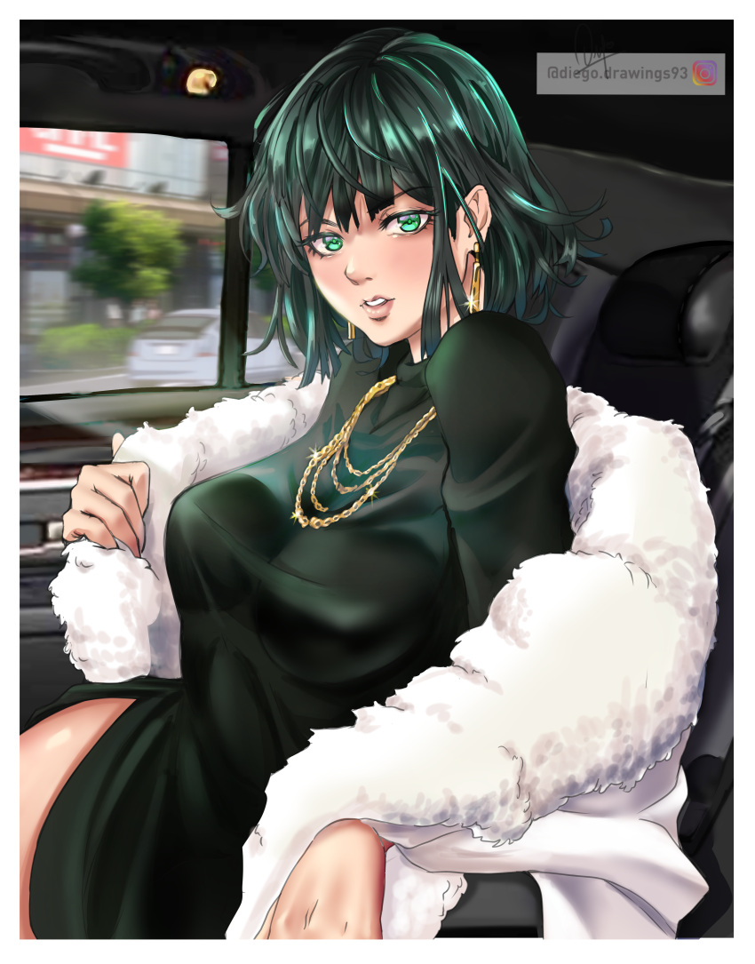 1girl absurdres bangs blunt_bangs breasts car car_interior diegodraws dress earrings fubuki_(one-punch_man) fur_coat green_dress green_eyes green_hair ground_vehicle highres instagram_username jewelry large_breasts looking_at_viewer motor_vehicle necklace one-punch_man parted_lips pov short_hair side_slit storefront thighs tree window