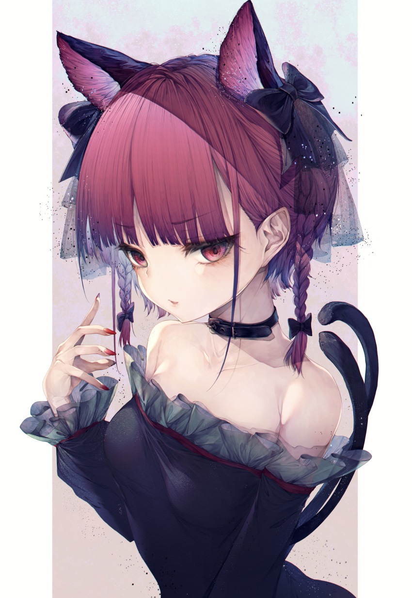 1girl absurdres animal_ears bangs bare_shoulders black_bow black_dress blush bow braid breasts cat_ears collar collarbone commentary_request dress extra_ears eyebrows_visible_through_hair frilled_dress frilled_sleeves frills hand_up highres hito_komoru huge_filesize kaenbyou_rin long_sleeves medium_hair multiple_tails nail_polish nekomata red_eyes red_nails redhead small_breasts solo strapless strapless_dress tail touhou twin_braids two_tails upper_body
