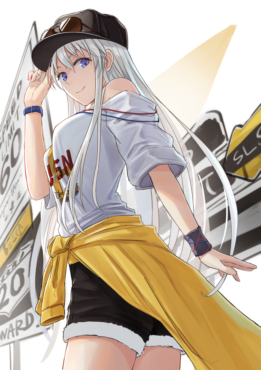 1girl absurdres alternate_costume ass azur_lane bangs bare_shoulders baseball_cap black_shorts blush breasts clothes_around_waist cowboy_shot enterprise_(anniversary_ride)_(azur_lane) enterprise_(azur_lane) eyebrows_visible_through_hair eyewear_on_headwear from_behind hat highres jacket_around_waist large_breasts long_hair looking_at_viewer looking_back off-shoulder_shirt off_shoulder shirt shorts silver_hair smile solo sunglasses tararelux violet_eyes white_shirt wristband