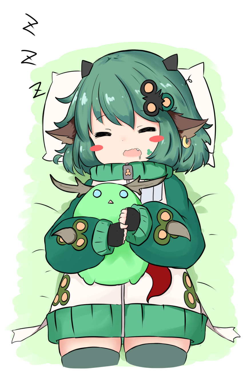 1girl =_= animal_ears antlers bailingxiao_jiu bangs bed_sheet black_gloves blush_stickers cowboy_shot creature cropped_legs drooling ear_piercing eyebrows_visible_through_hair facial_mark fang fingerless_gloves gloves green_hair grey_legwear hair_ornament highres horns hug jacket long_sleeves lying on_back open_mouth original piercing pillow puffy_long_sleeves puffy_sleeves saliva sleeping sleeves_past_wrists solo wavy_mouth white_jacket zzz