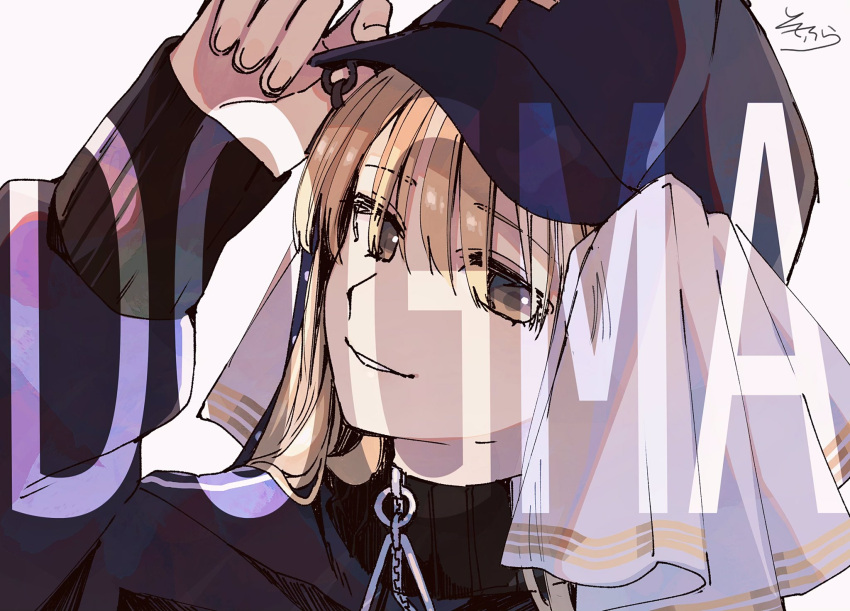 1girl arm_up bangs baseball_cap black_headwear black_sweater brown_eyes brown_hair commentary_request eyebrows_visible_through_hair grey_background hair_between_eyes hat highres long_hair long_sleeves looking_at_viewer nijisanji parted_lips ribbon signature simple_background sister_cleaire sleeves_past_wrists smile sofra solo sweater upper_body virtual_youtuber white_ribbon