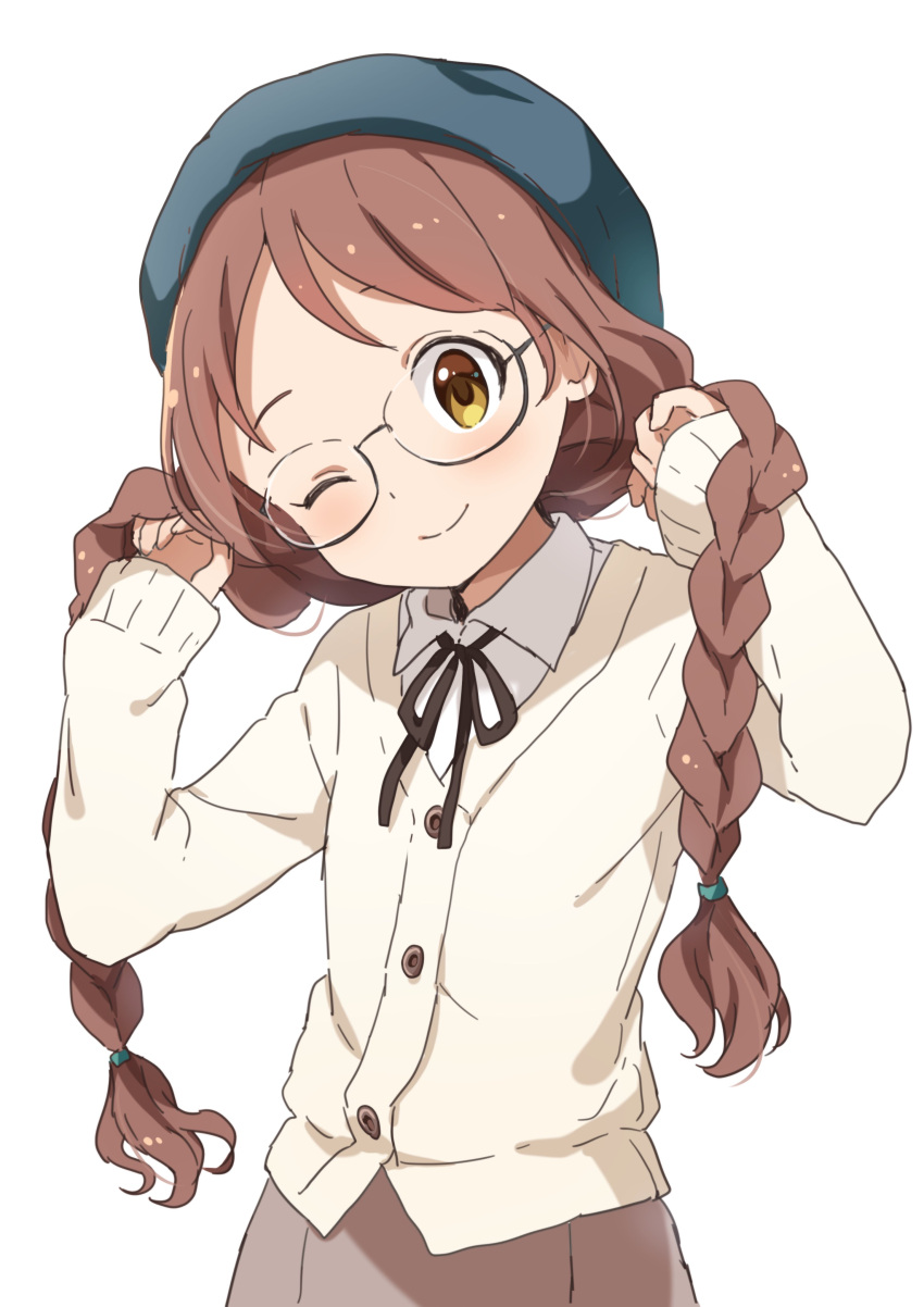 1girl absurdres adjusting_hair blue_headwear blush braid brown_eyes brown_hair buchi_(y0u0ri_) cardigan character_request closed_mouth collared_shirt copyright_request eyebrows_visible_through_hair glasses hat highres long_hair looking_at_viewer one_eye_closed shirt smile solo twin_braids white_shirt
