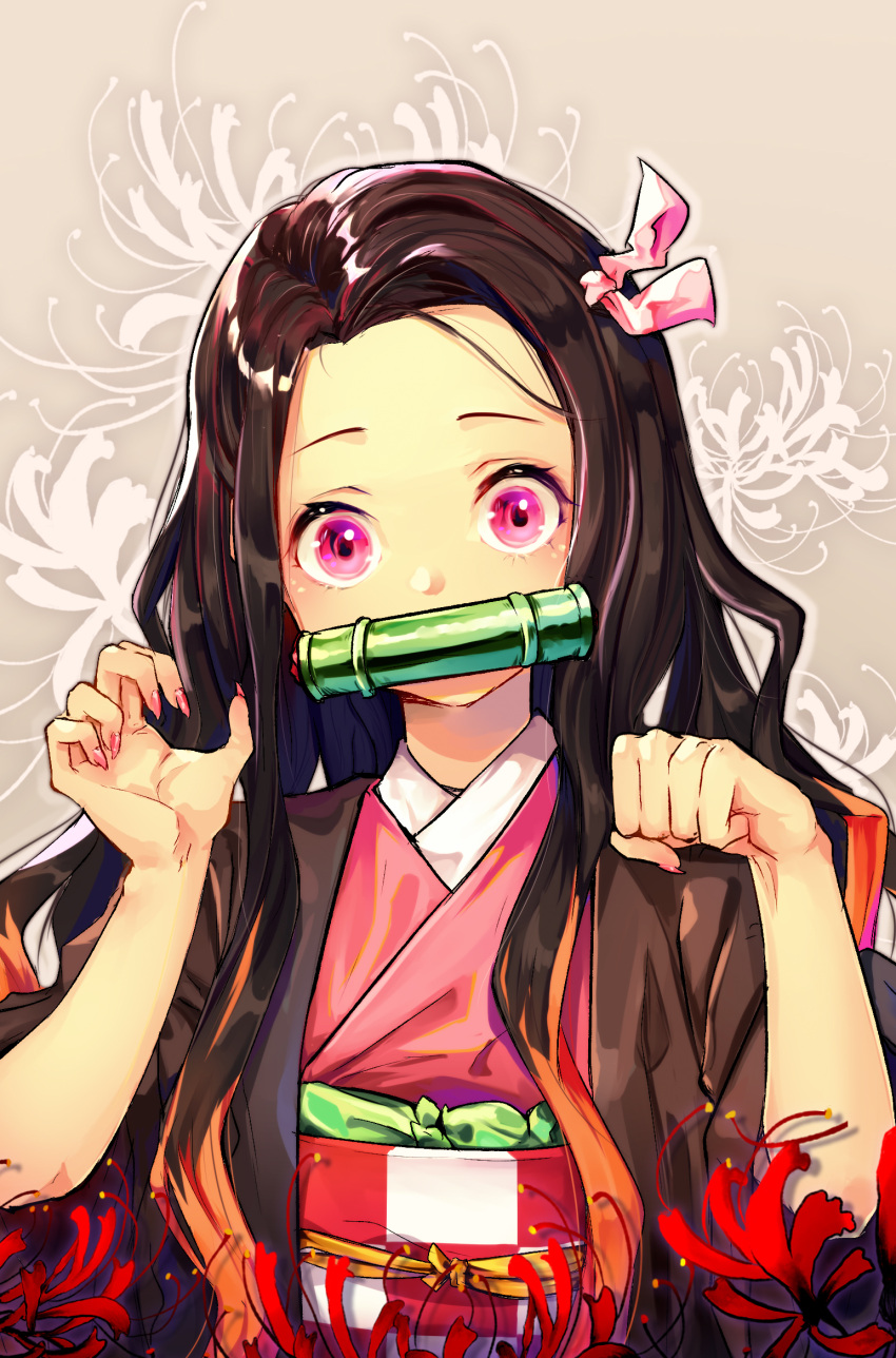 1girl bamboo bit_gag brown_background checkered commentary_request dpea9 fingernails flower gag hair_ribbon hands_up highres japanese_clothes kamado_nezuko kimetsu_no_yaiba kimono looking_at_viewer mouth_hold nail_polish obi open_clothes paw_pose pink_eyes pink_kimono pink_nails pink_ribbon red_flower ribbon sash sharp_fingernails short_sleeves solo spider_lily wide_sleeves