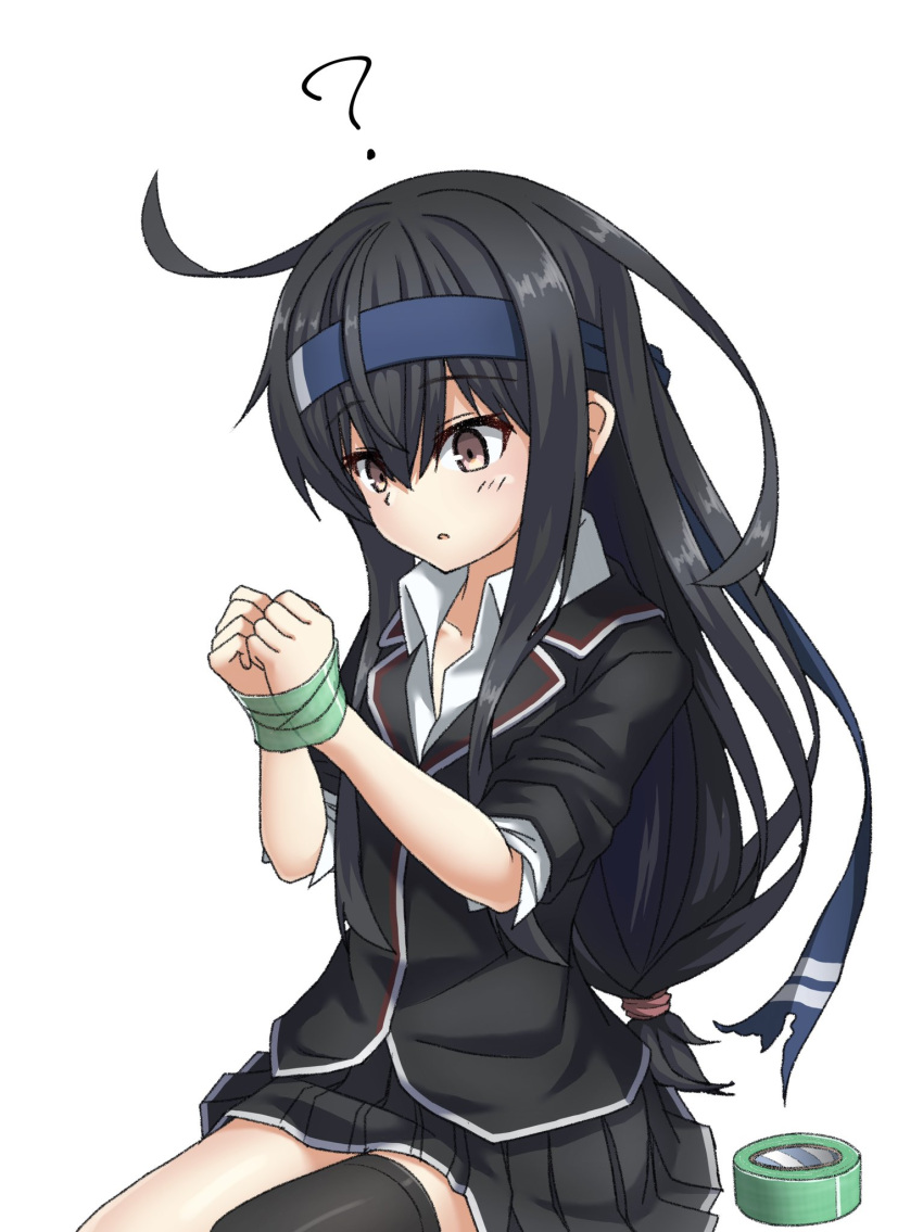 1girl ? black_hair black_legwear blazer blue_hairband bound bound_wrists brown_eyes commentary_request hairband hatsushimo_(kantai_collection) headband highres jacket kantai_collection long_hair low-tied_long_hair pleated_skirt school_uniform simple_background single_thighhigh sitting skirt solo tape tape_bondage thigh-highs umino_ht white_background