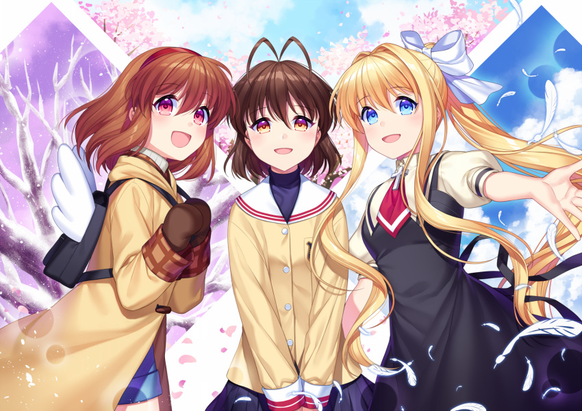 3girls :d air antenna_hair backpack bag bangs bare_tree beckoning black_dress blazer blonde_hair blue_eyes bow brown_eyes brown_hair clannad clouds coat company_connection cowboy_shot cravat cross crossover dress furukawa_nagisa hair_bow hair_intakes hair_ribbon hairband highres hikarizaka_private_high_school_uniform holding_strap jacket jenevan kamio_misuzu kanon long_hair long_sleeves looking_at_viewer mittens multiple_crossover multiple_girls open_hand open_mouth outstretched_arm pinafore_dress plaid pleated_skirt ponytail puffy_short_sleeves puffy_sleeves red_eyes red_hairband red_neckwear ribbon school_uniform seasons short_hair short_sleeves sidelocks skirt sky smile snow spring_(season) summer tree tsukimiya_ayu turtleneck v_arms very_long_hair white_bow winged_backpack winter