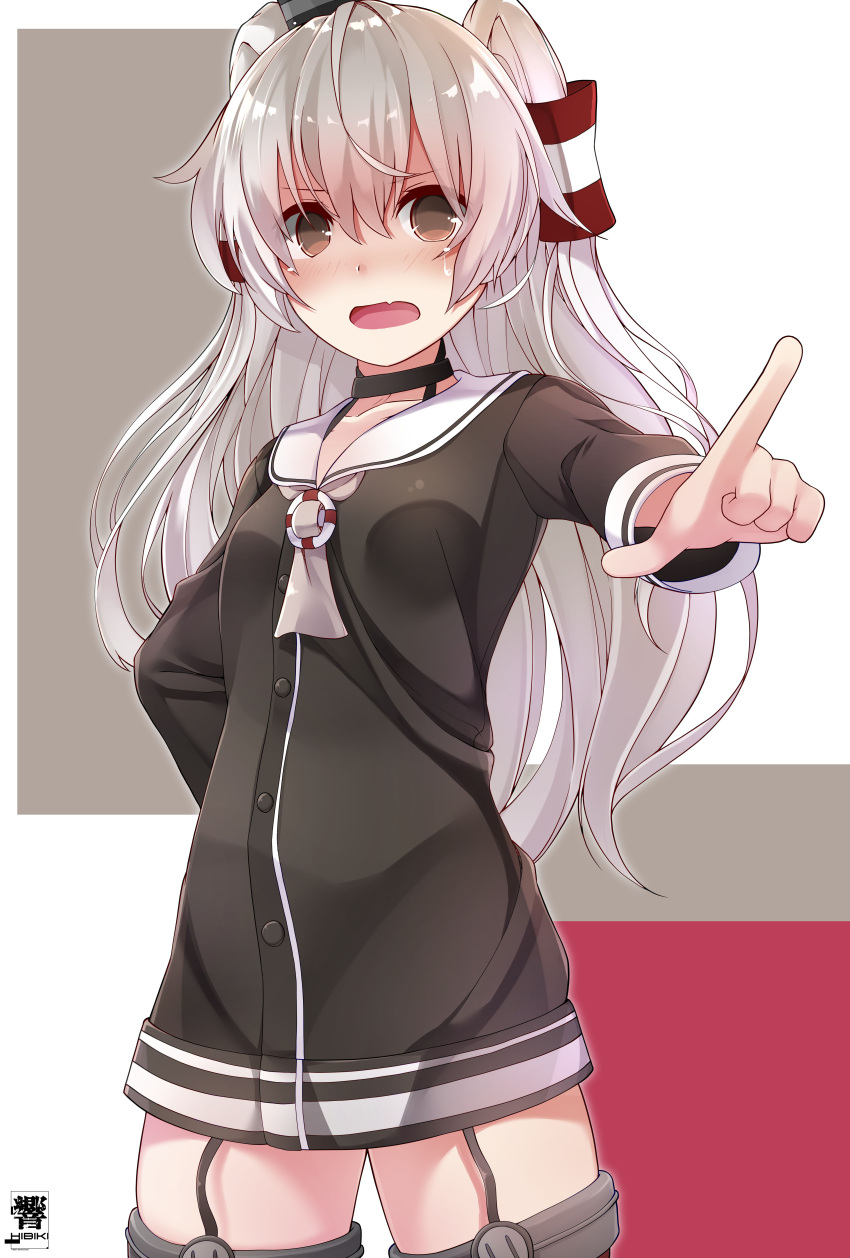 1girl absurdres amatsukaze_(kantai_collection) blush breasts brown_dress brown_eyes dress eyebrows_visible_through_hair eyes_visible_through_hair garter_straps hair_tubes hibiki_zerocodo highres kantai_collection lifebuoy long_hair looking_at_viewer open_mouth sailor_dress short_dress silver_hair small_breasts solo thigh-highs thighs two_side_up windsock