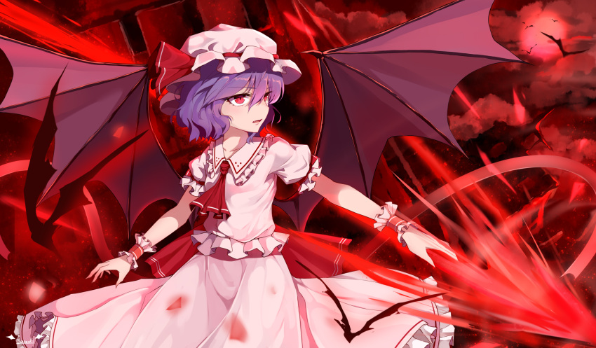 1girl animal ascot bat bat_wings clouds collared_shirt commentary_request eyebrows_visible_through_hair fang fingernails frilled_shirt frilled_shirt_collar frilled_skirt frilled_sleeves frills full_moon hat hat_ribbon highres holding holding_weapon long_fingernails looking_to_the_side mob_cap moon open_mouth pink_headwear pink_shirt pink_skirt puffy_short_sleeves puffy_sleeves purple_hair red_moon red_neckwear red_ribbon redhead remilia_scarlet ribbon shirt short_hair short_sleeves signature skirt skirt_set snozaki solo spear_the_gungnir spread_wings touhou weapon wings wrist_cuffs