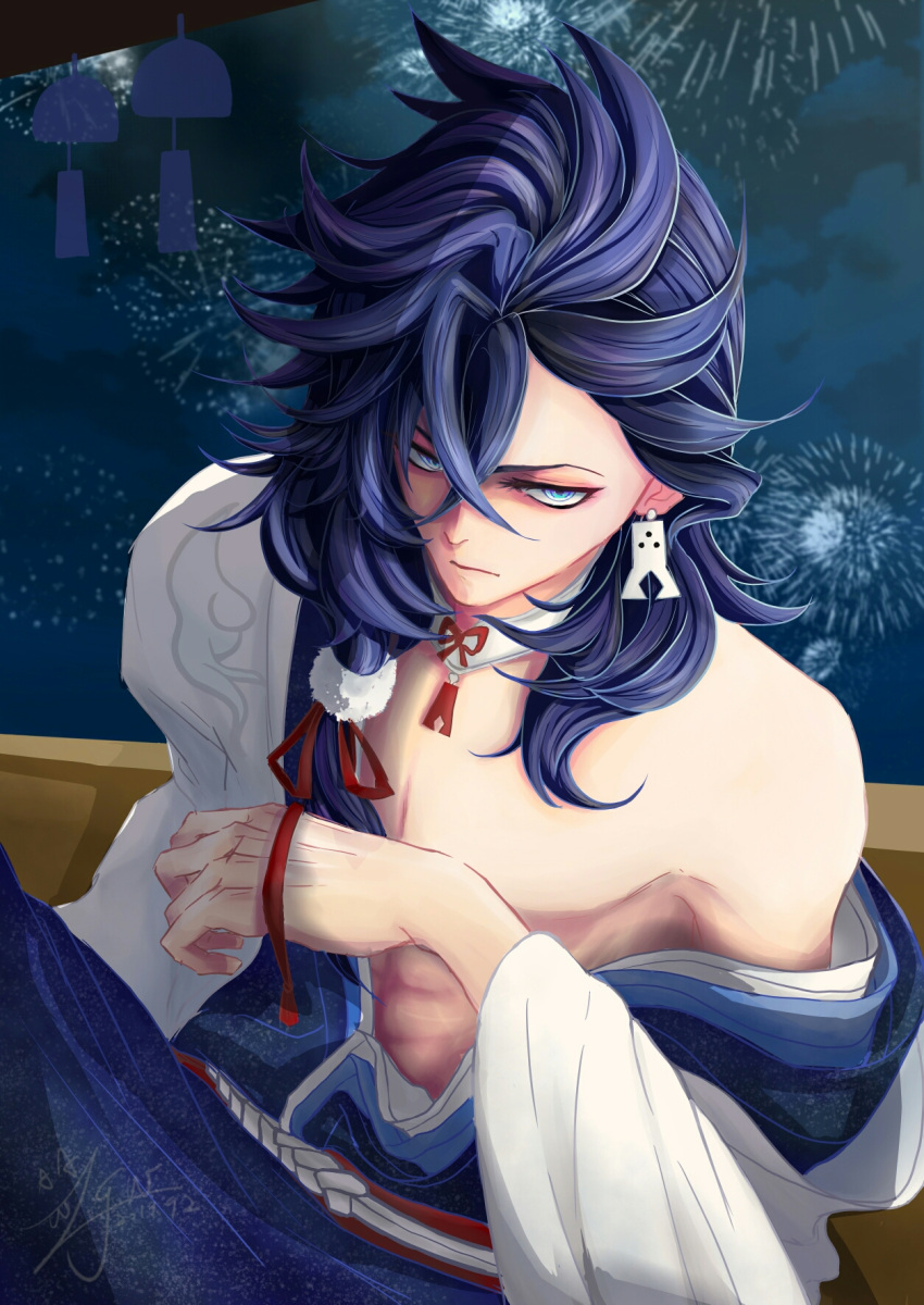 1boy abs asymmetrical_bangs bangs bare_shoulders blue_eyes blue_hair closed_mouth earrings fireworks highres japanese_clothes jewelry kimono long_hair looking_at_viewer mail-judy-tw male_focus midriff muscle night night_sky onmyoji sky solo susabi_(onmyoji)
