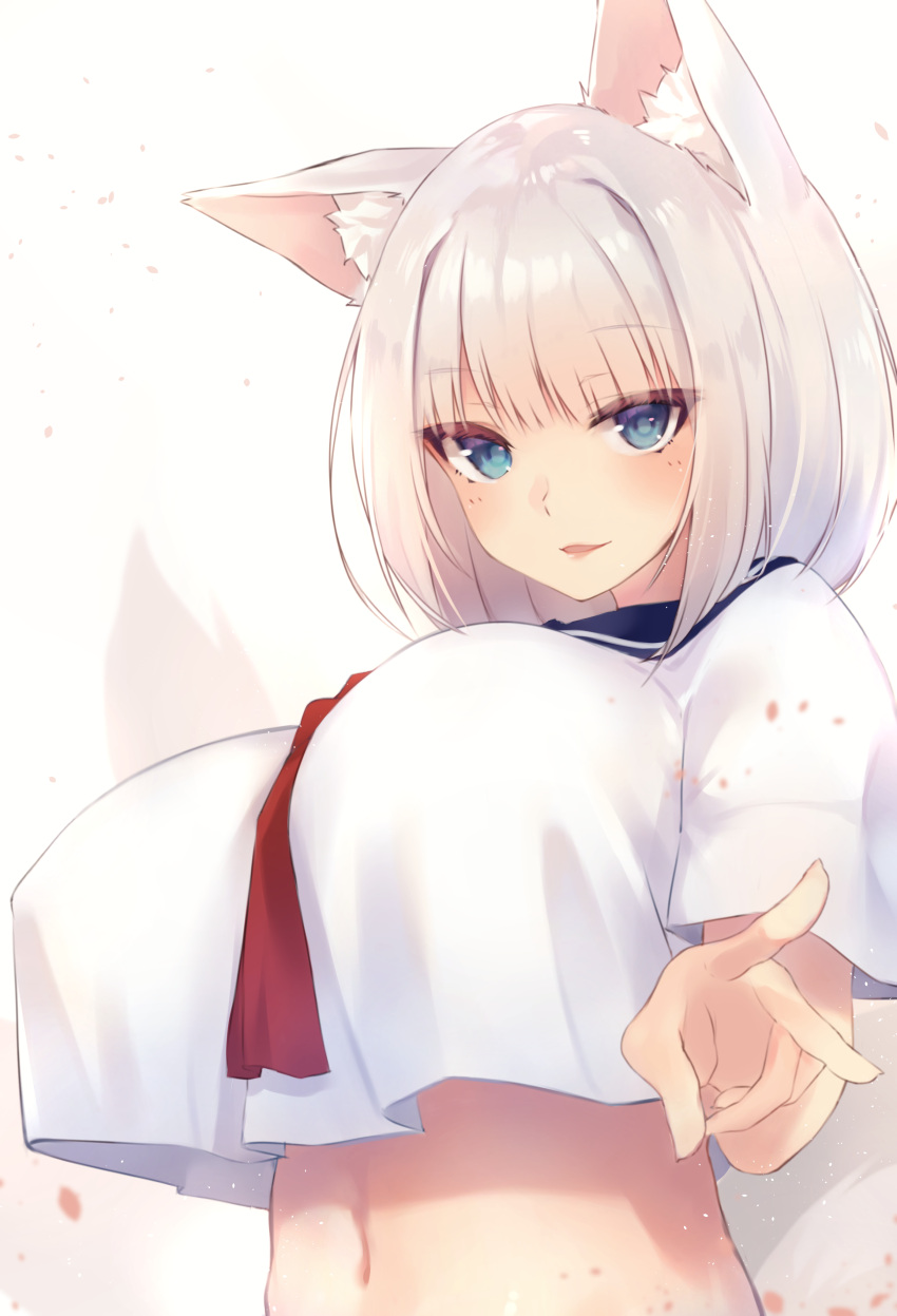 1girl :d absurdres animal_ears azur_lane bangs beige_background blue_eyes blunt_bangs blush breasts crop_top eyebrows_visible_through_hair fox_ears fox_tail highres kaga_(azur_lane) large_breasts light_particles looking_at_viewer multiple_tails navel neckerchief open_mouth red_neckwear sailor_collar sakura_cha school_uniform serafuku short_hair short_sleeves simple_background smile tail uniform upper_body white_hair