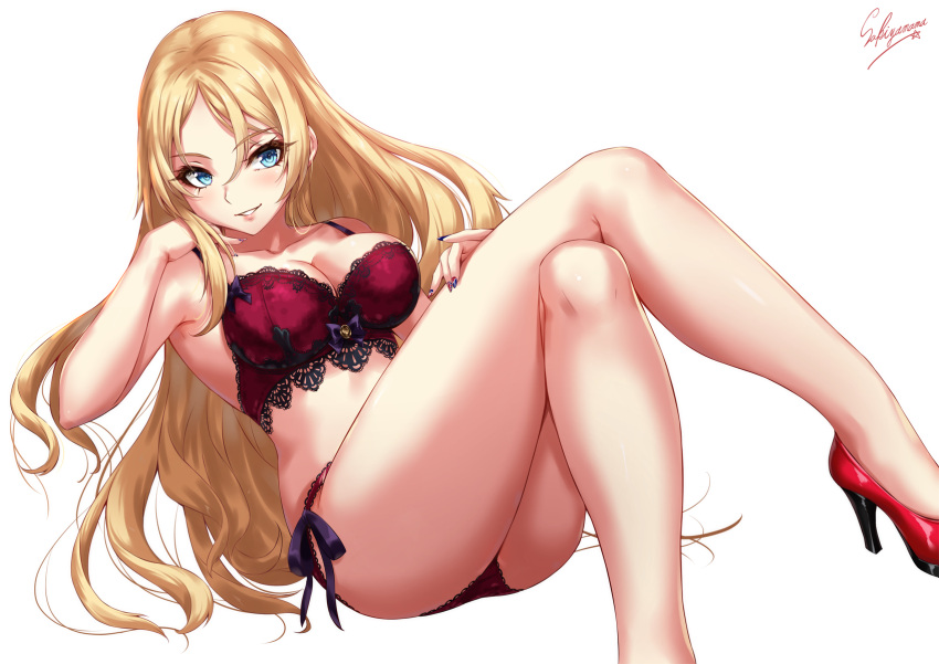 1girl bangs bare_shoulders blonde_hair blue_eyes blue_nails blush bra breasts crossed_legs elbow_rest eyebrows_visible_through_hair feet_out_of_frame hair_between_eyes high_heels highres kantai_collection lace lace-trimmed_bra lace-trimmed_panties large_breasts lingerie long_hair nail_art nail_polish nelson_(kantai_collection) panties parted_lips reclining red_bra red_footwear red_nails red_panties sakiyamama sidelocks signature simple_background solo thighs underwear white_nails