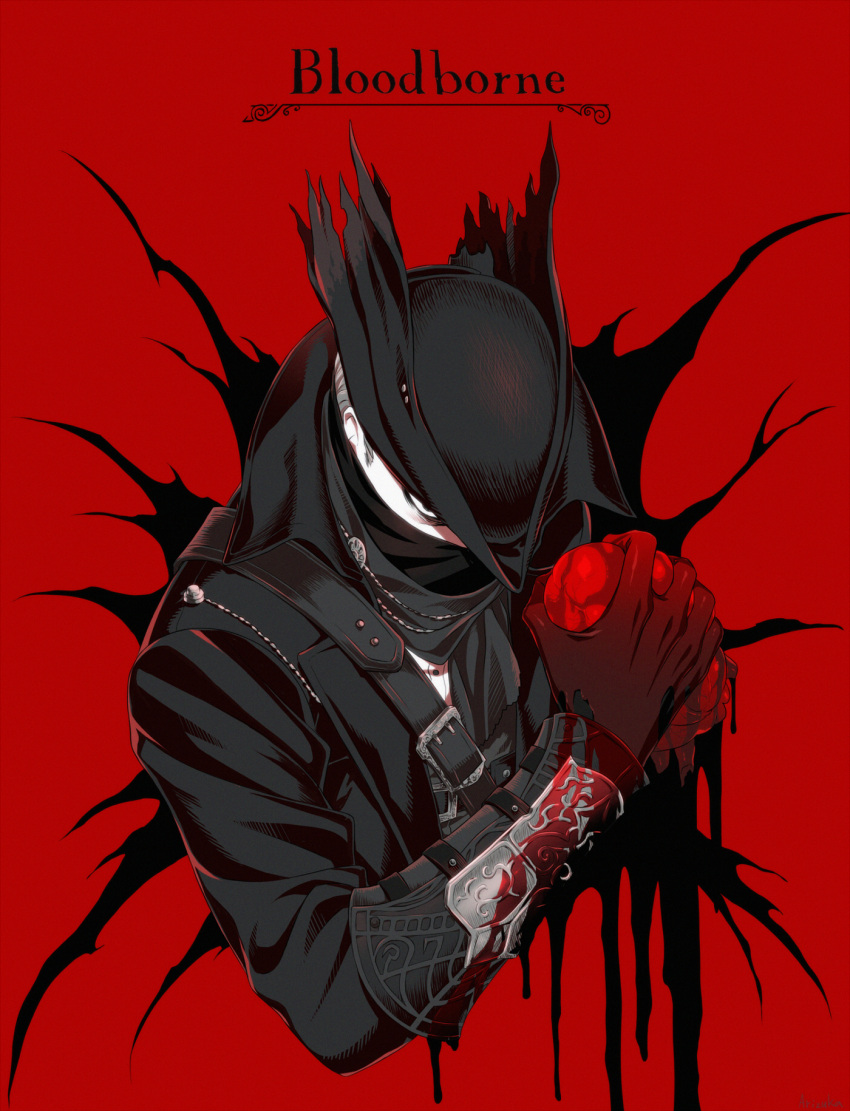 1boy arizuka_(catacombe) black_gloves black_headwear bloodborne commentary_request copyright_name face_mask gloves hat heart highres holding_heart jacket looking_at_viewer mask red_background solo
