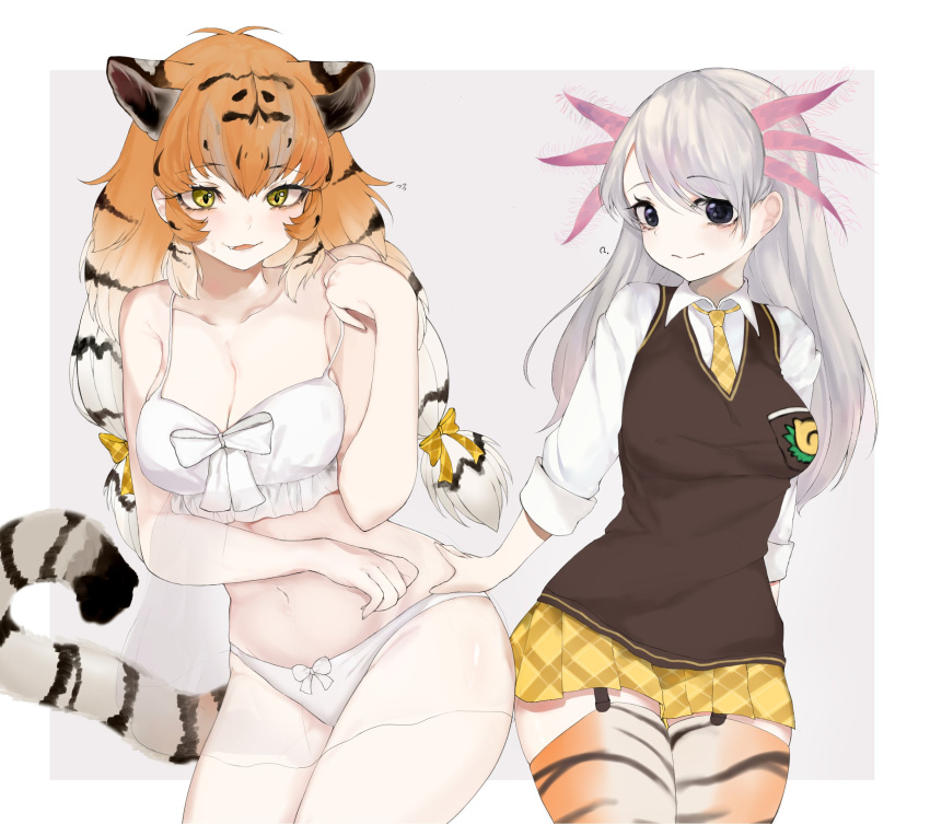 2girls :3 ? animal_ear_fluff animal_ears animal_print bangs bare_shoulders black_eyes black_hair bow bow_panties breasts brown_vest collarbone cosplay costume_switch dnsdltkfkd eyebrows_visible_through_hair fang garter_straps gradient_hair grey_background hair_ribbon highres kemono_friends large_breasts long_hair long_sleeves looking_at_viewer low_twintails mexico_salamander_(kemono_friends) mexico_salamander_(kemono_friends)_(cosplay) multicolored_hair multiple_girls navel necktie orange_hair panties parted_lips plaid plaid_neckwear plaid_ribbon plaid_skirt pleated_skirt ribbon see-through shirt siberian_tiger_(kemono_friends) siberian_tiger_(kemono_friends)_(cosplay) simple_background skirt smile tail thigh-highs tiger_ears tiger_print tiger_tail tress_ribbon twintails underwear vest white_hair white_panties white_shirt wing_collar yellow_eyes yellow_neckwear yellow_ribbon yellow_skirt