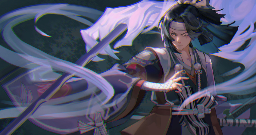 1boy bandaged_arm bandages black_hair closed_mouth commentary_request dark_background highres long_hair long_sleeves looking_at_viewer male_focus nack one_eye_closed onikiri_(onmyoji) onmyoji pom_pom_(clothes) scar scar_across_eye solo standing sword weapon yellow_eyes