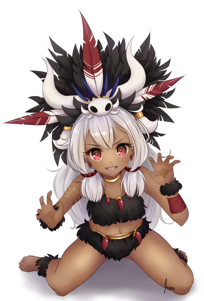 1girl absurdres anklet armlet barefoot claw_pose dark_skin feather_hair_ornament fur_cuffs highres horned_headwear jewelry long_hair maiini navel original red_eyes sitting smile solo tribal wariza white_hair