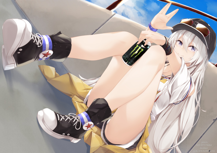 1girl absurdres alternate_costume azur_lane bangs bare_shoulders baseball_cap black_footwear black_headwear black_shorts blue_sky boots breasts brown-tinted_eyewear brown_jacket can closed_mouth clothes_around_waist clouds commentary_request day dutch_angle energy_drink enterprise_(anniversary_ride)_(azur_lane) enterprise_(azur_lane) eyebrows_visible_through_hair eyewear_on_headwear hair_between_eyes hand_up hat highres holding holding_can jacket jacket_around_waist kana616 knees_up long_hair looking_at_viewer monster_energy off-shoulder_shirt off_shoulder outdoors pixiv_id shirt shoe_soles short_shorts short_sleeves shorts silver_hair sitting sky smile solo sunglasses twitter_username very_long_hair violet_eyes white_hair white_shirt